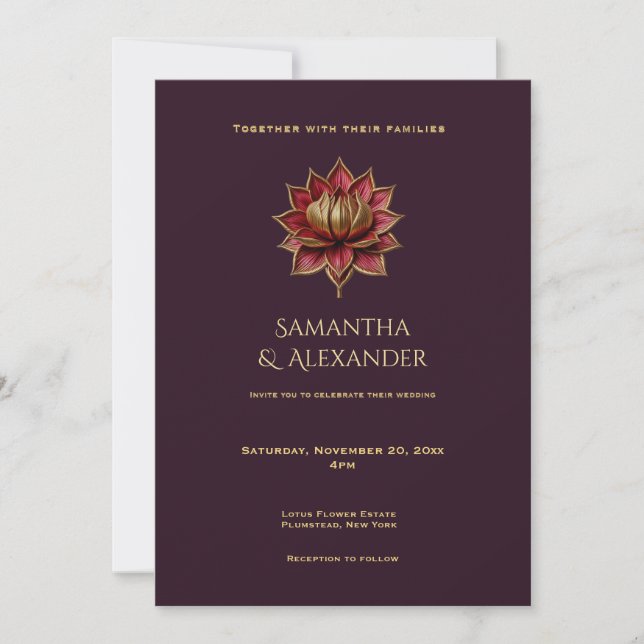 Convite de Casamento Gótico Ameixa e Dourado 5x7 (Frente)