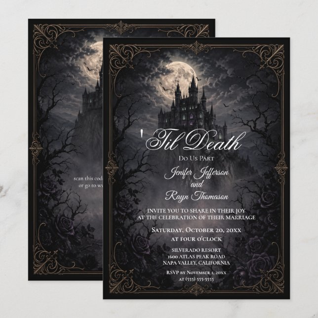 convite de casamento gótico castelo assombrado (Frente/Verso)