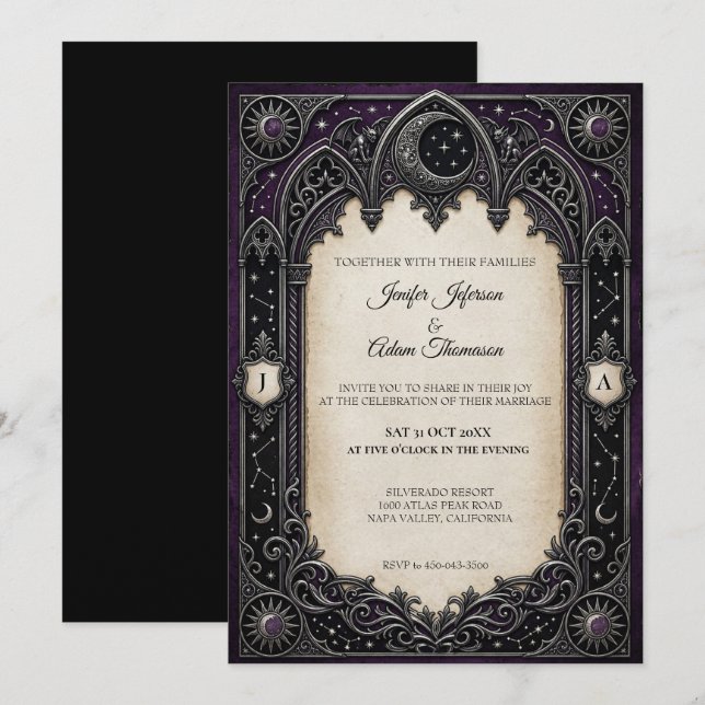 Convite de Casamento Gótico Celestial Roxo (Frente/Verso)