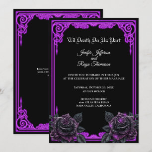 Convite de casamento gótico com brilho roxo bruxo