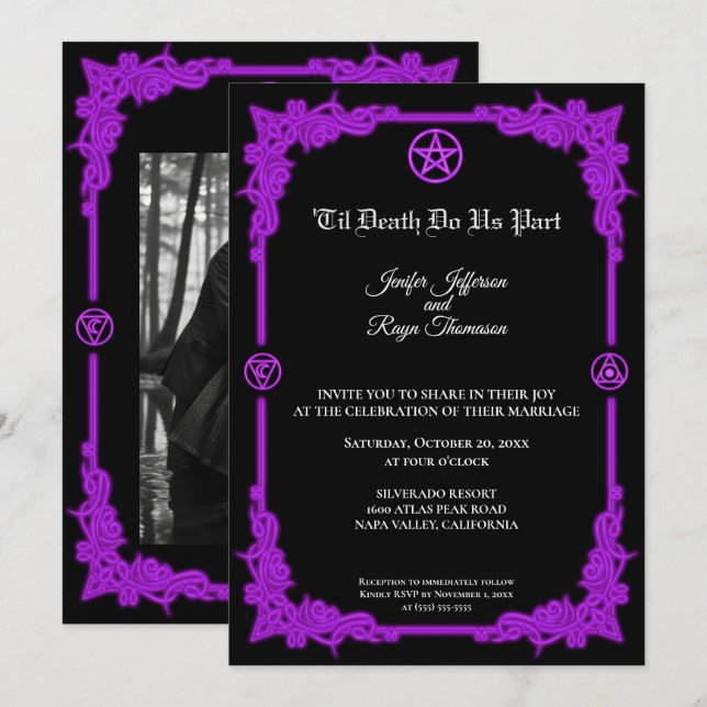 Convite de casamento gótico com brilho roxo mágico (Frente/Verso)