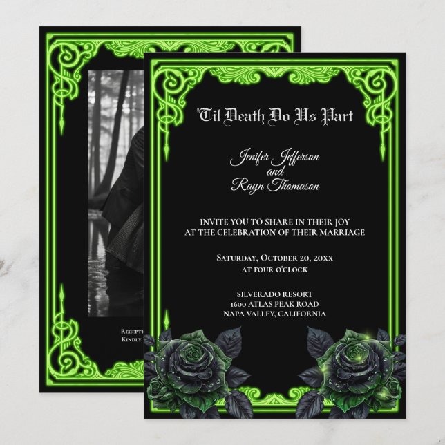 Convite de casamento gótico com brilho verde bruxo (Frente/Verso)