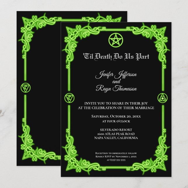 Convite de casamento gótico com brilho verde bruxo (Frente/Verso)