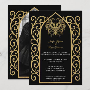 Convite de casamento gótico com foto e borda doura