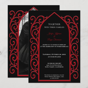 Convite de casamento gótico com foto e borda verme
