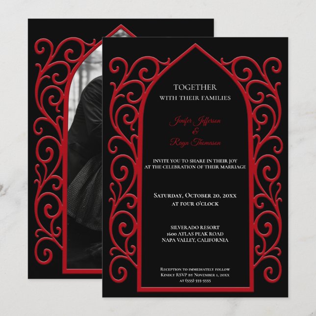 Convite de casamento gótico com foto e borda verme (Frente/Verso)
