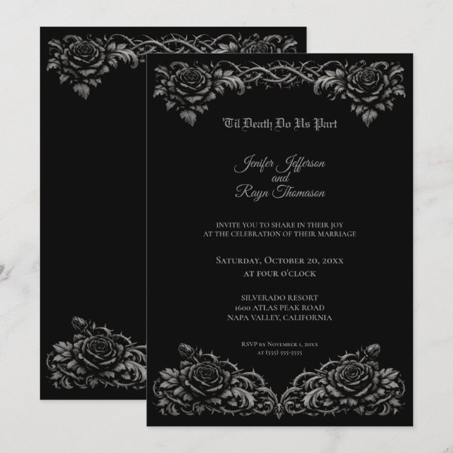 Convite de casamento gótico com rosas pretas e bra (Frente/Verso)