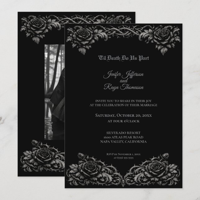Convite de casamento gótico com rosas pretas e bra (Frente/Verso)