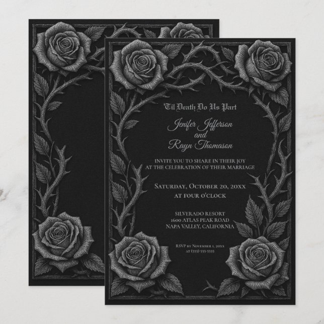 Convite de casamento gótico com rosas pretas e bra (Frente/Verso)