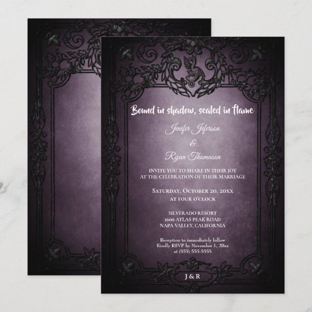 Convite de casamento gótico de Halloween roxo escu (Frente/Verso)