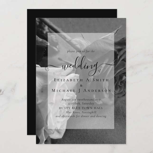 Convite de casamento Gótico de rosas brancas e pre (Frente/Verso)