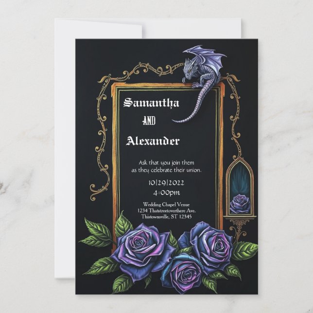 Convite de Casamento Gótico Dragão Roxo e Rosas (Frente)