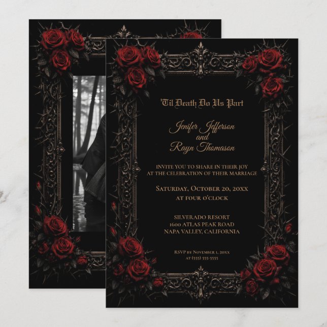 Convite de casamento gótico elegante com rosas ver (Frente/Verso)