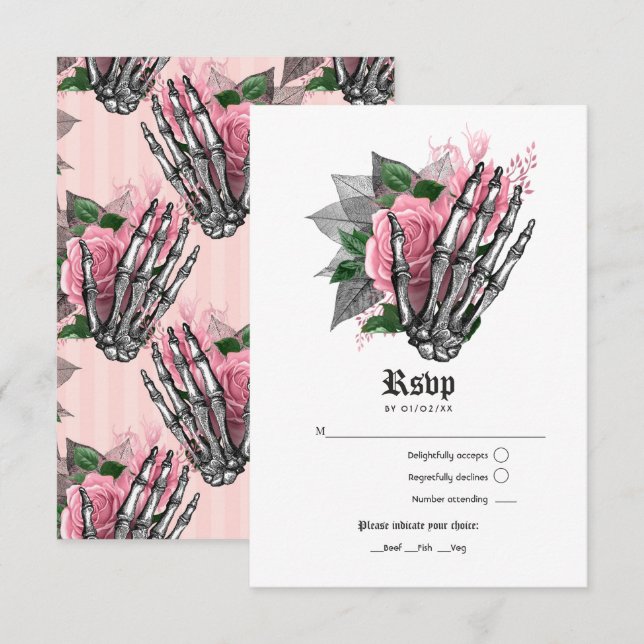 Convite de casamento gótico esqueleto floral rosa (Frente/Verso)