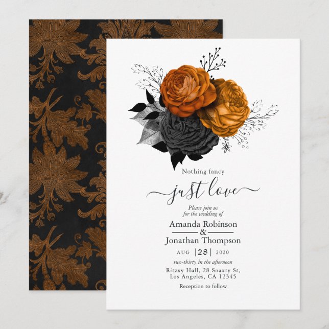 Convite de casamento gótico floral preto e laranja (Frente/Verso)