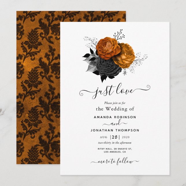 Convite de Casamento Gótico Laranja e Preto (Frente/Verso)