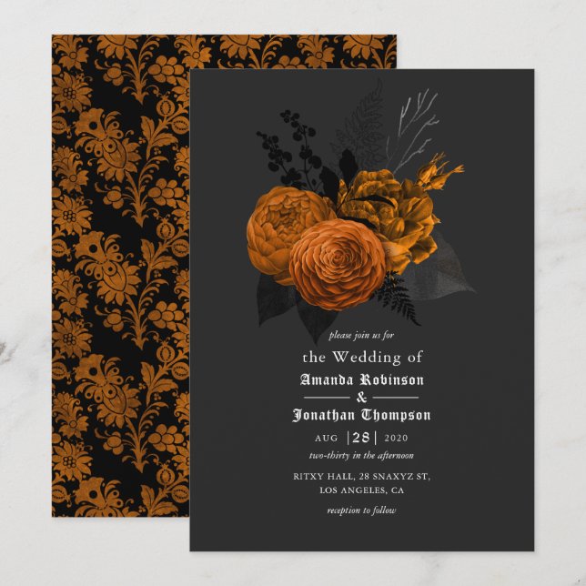 Convite de Casamento Gótico Laranja e Preto (Frente/Verso)