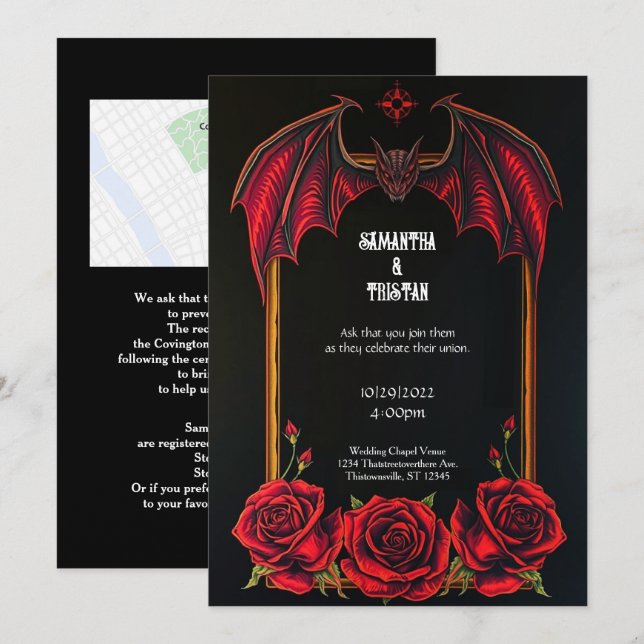 Convite de Casamento Gótico Morcego Vermelho e Ros (Frente/Verso)