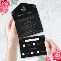Convite de casamento Gótico Preto e Branco com Trê