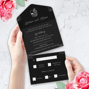Convite de casamento Gótico Preto e Branco com Trê