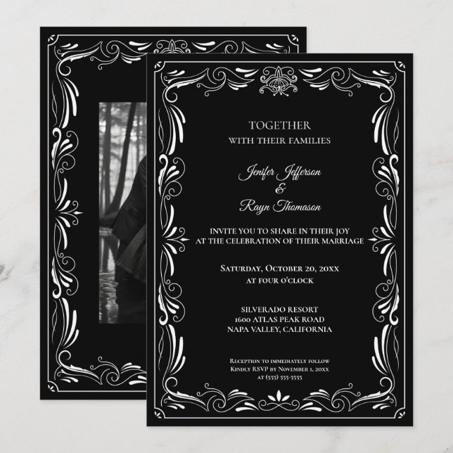 Convite de casamento gótico preto e branco elegant (Frente/Verso)