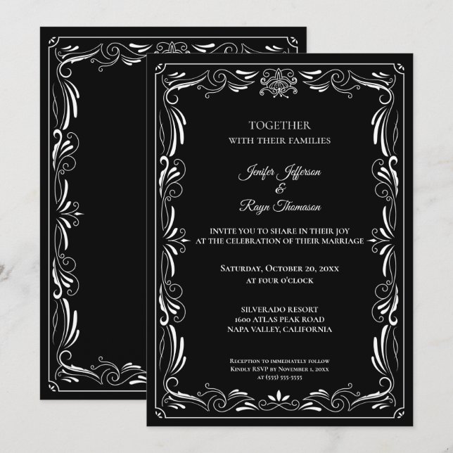 Convite de casamento gótico preto e branco elegant (Frente/Verso)