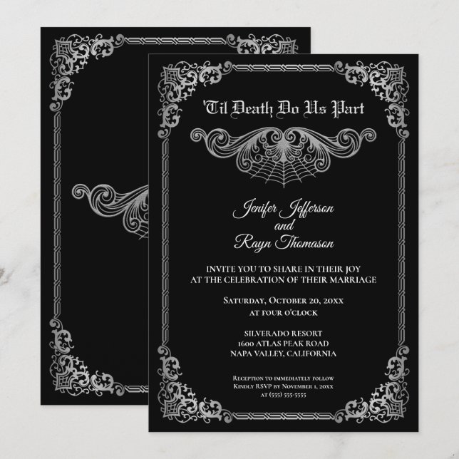 Convite de casamento gótico preto e branco elegant (Frente/Verso)