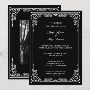 Convite de casamento gótico preto e branco elegant