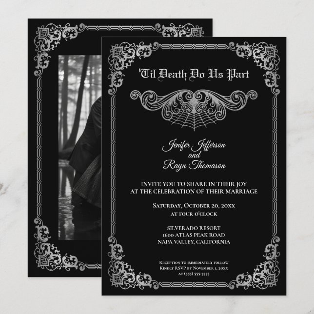 Convite de casamento gótico preto e branco elegant (Frente/Verso)