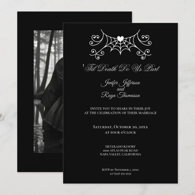 Convite de casamento gótico preto e branco elegant (Frente/Verso)