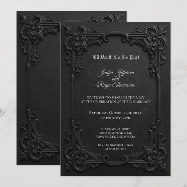 Convite de casamento gótico preto e branco elegant (Frente/Verso)