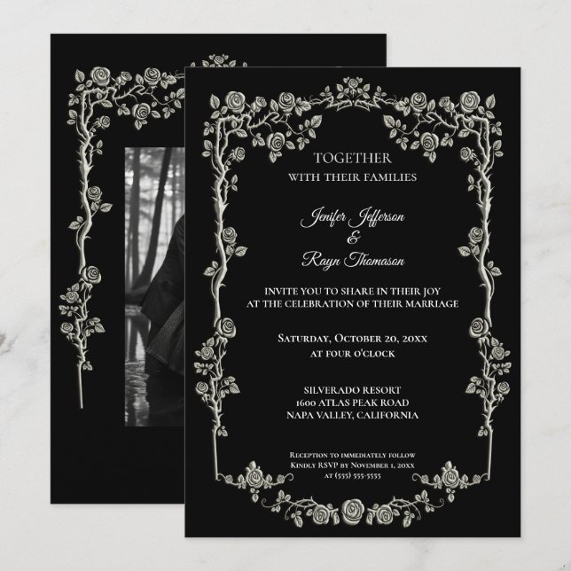 Convite de casamento gótico preto e branco elegant (Frente/Verso)