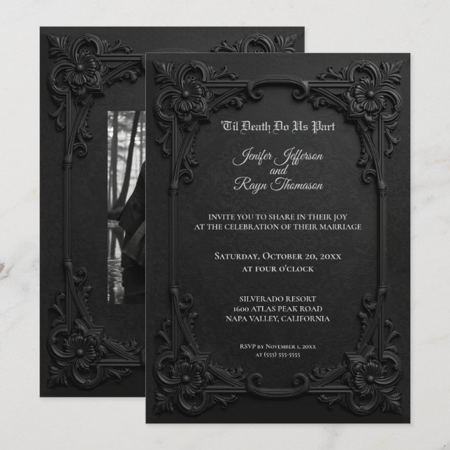 Convite de casamento gótico preto e branco elegant (Frente/Verso)