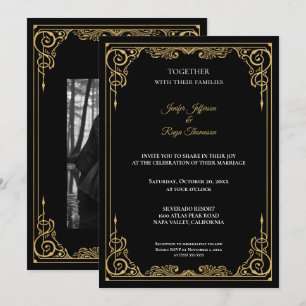 Convite de casamento gótico preto e dourado elegan