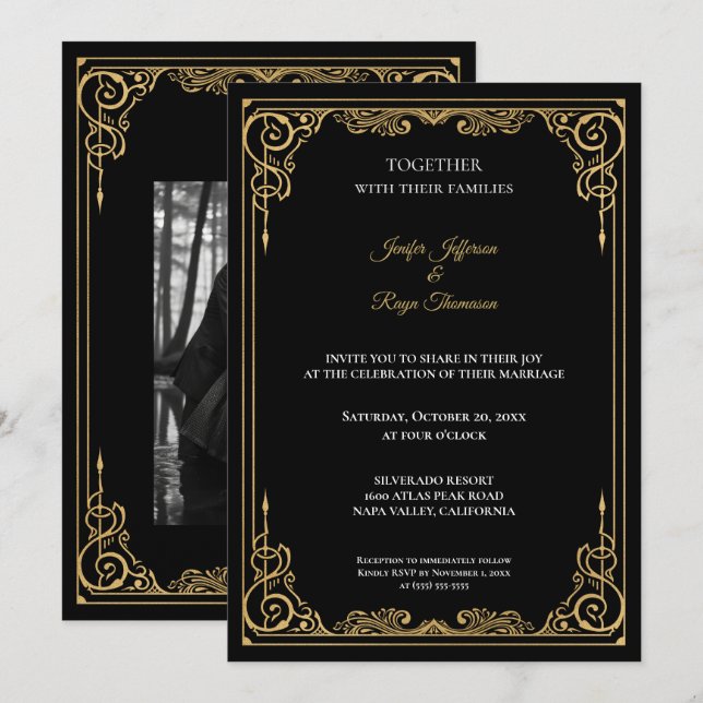Convite de casamento gótico preto e dourado elegan (Frente/Verso)
