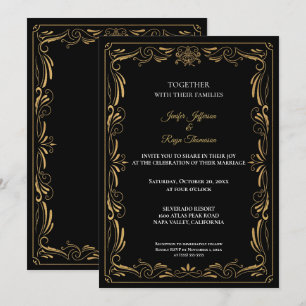 Convite de casamento gótico preto e dourado elegan