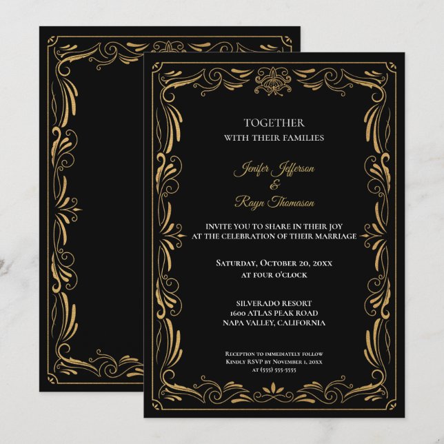 Convite de casamento gótico preto e dourado elegan (Frente/Verso)