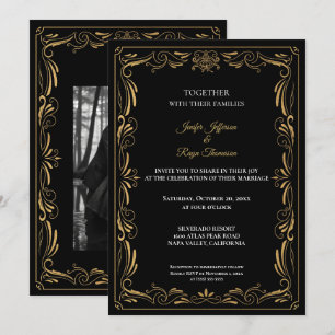 Convite de casamento gótico preto e dourado elegan