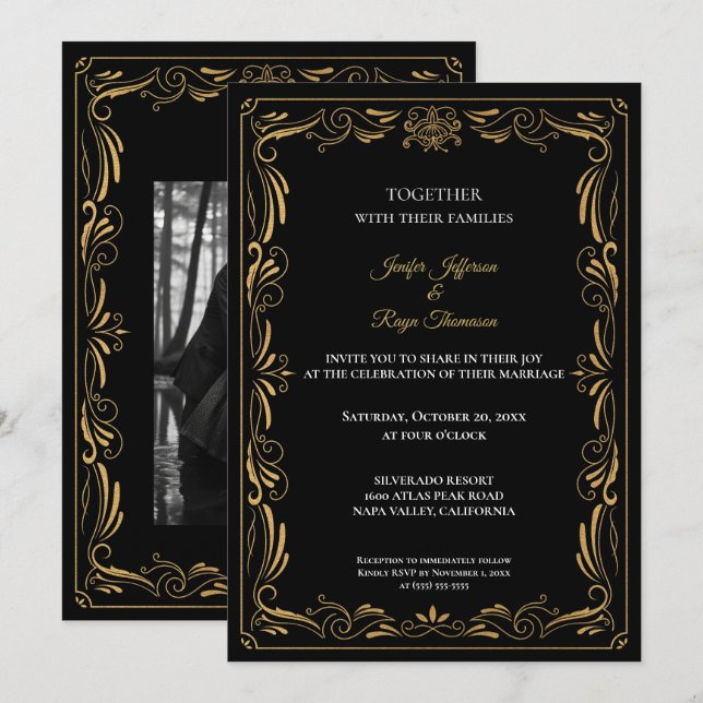 Convite de casamento gótico preto e dourado elegan (Frente/Verso)
