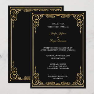 Convite de casamento gótico preto e dourado elegan