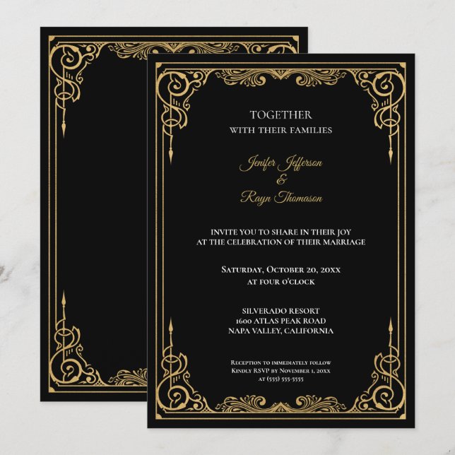 Convite de casamento gótico preto e dourado elegan (Frente/Verso)