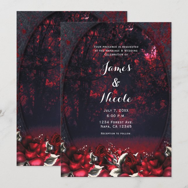 Convite de Casamento Gótico Rosas da Floresta Verm (Frente/Verso)