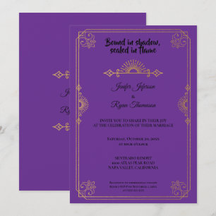 Convite de casamento gótico roxo e dourado elegant
