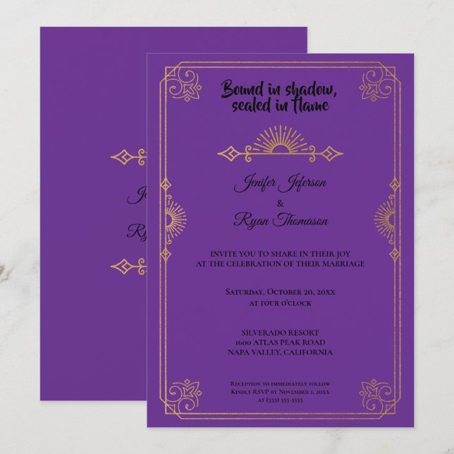 Convite de casamento gótico roxo e dourado elegant (Frente/Verso)