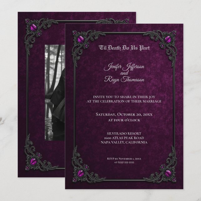 Convite de casamento gótico roxo elegante (Frente/Verso)