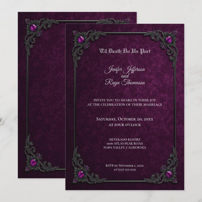Convite de casamento gótico roxo elegante (Frente/Verso)