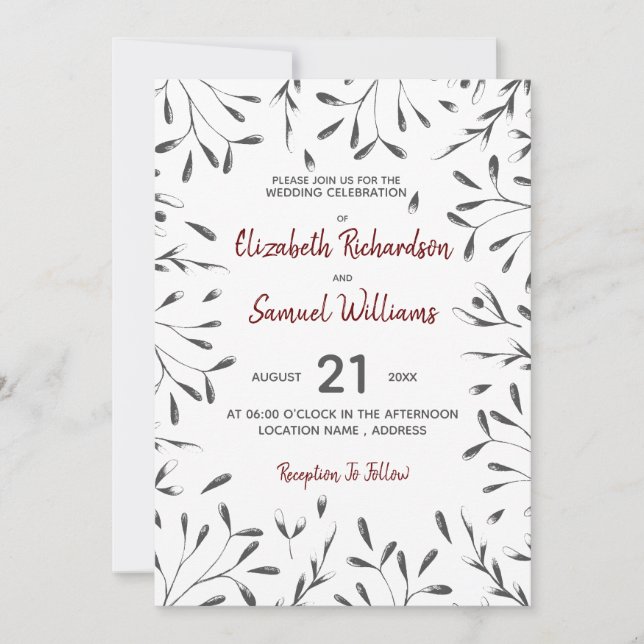 Convite de Casamento gráfico floral preto, branco  (Frente)