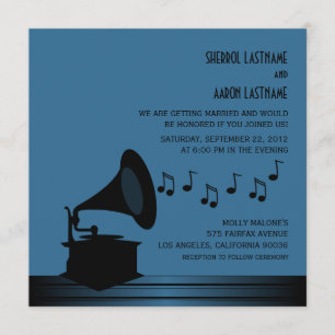 Convite de casamento Gramofone Vintage Preto/Azul
