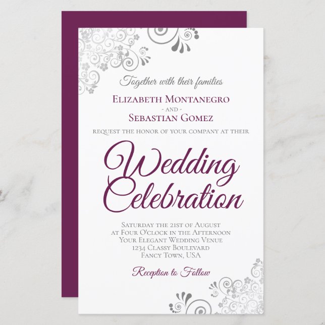 Convite de Casamento Grande Orçamento Magenta em B (Frente/Verso)