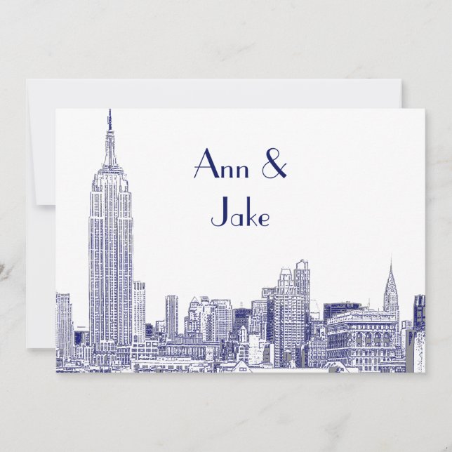 Convite de Casamento Gravado NYC Skyline 01 2 Azul (Frente)